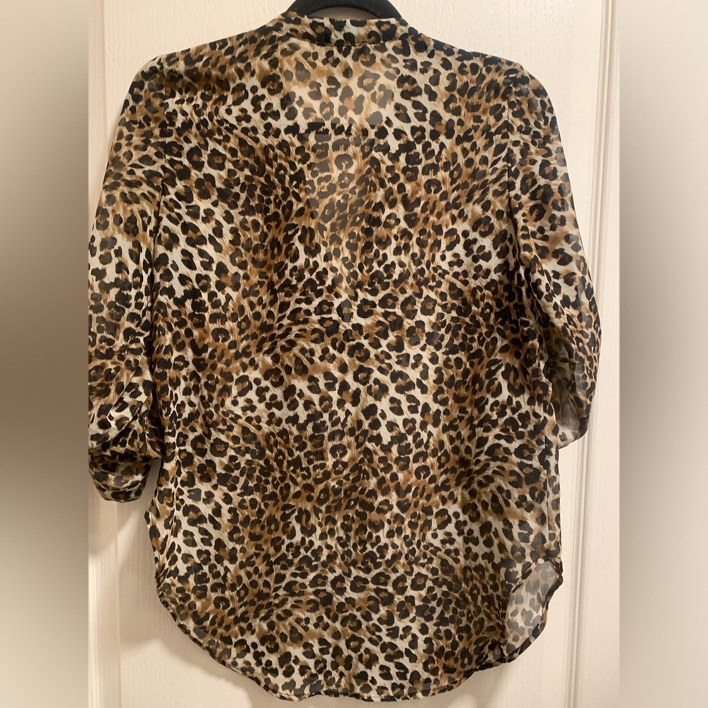 Leopard sheer button top 3/4 sleeves sexy summer fall classic work party blouse - Picture 3 of 7